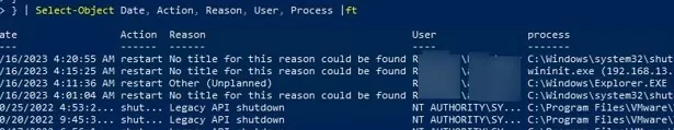 powershell получить историю отключений в событиях windows