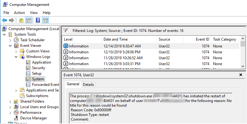EventID: 1074 Процесс C:\Windows\system32\shutdown.exe инициировал перезагрузку компьютера от имени пользователя по следующей причине: Reason Code: 0x800000ff Тип выключения: перезагрузка 
