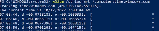 w32tm /stripchart - показать смещение времени между локальным компьютером и сервером времени