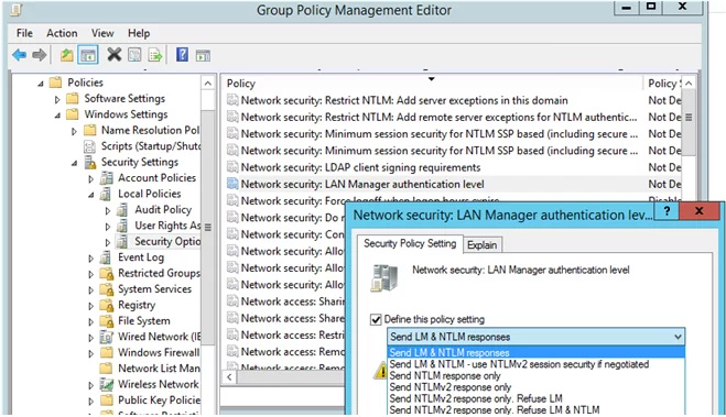 Сетевая безопасность: Уровень аутентификации LAN Manager - отключение ntlm v1 и lm