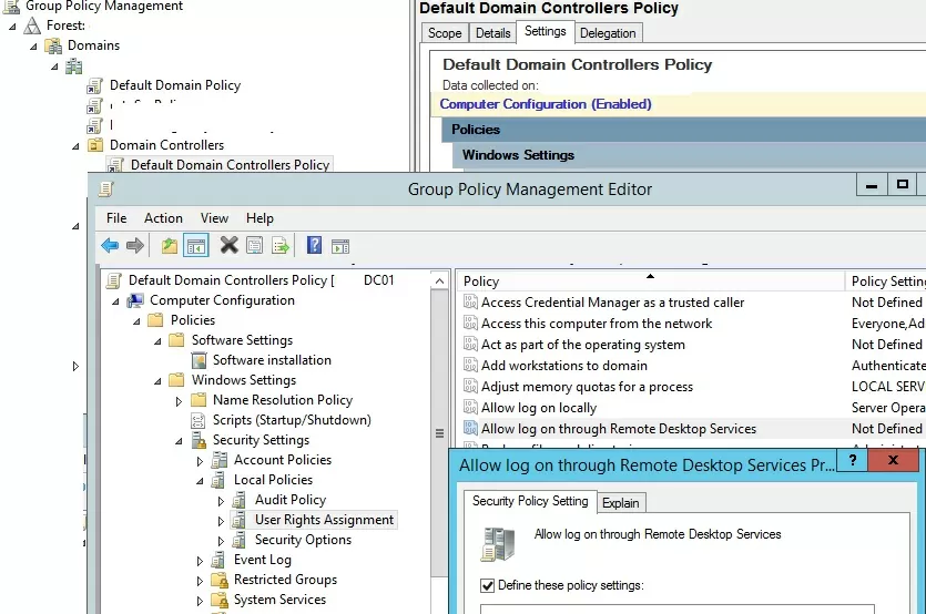 политика контроллера домена по умолчанию: разрешить вход в систему через rdp