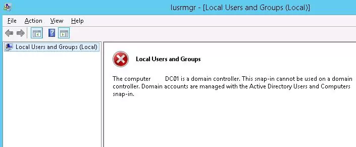 Компьютер xxx является контроллером домена. Эту оснастку нельзя использовать на контроллере домена. Учетные записи домена управляются с помощью оснастки Active Directory Users and Computers.