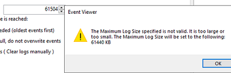 Средство просмотра событий Указанный максимальный размер журнала недействителен. Слишком большой или слишком маленький
