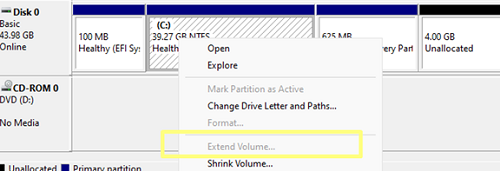 Опция Extend Volume выделена серым цветом в Windows 