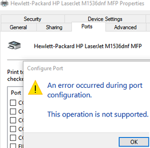 Произошла ошибка при настройке порта принтера. Эта операция не поддерживается 