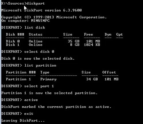 diskpart make active partition