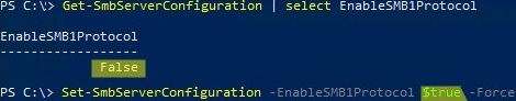 Set-SmbServerConfiguration EnableSMB1Protocol