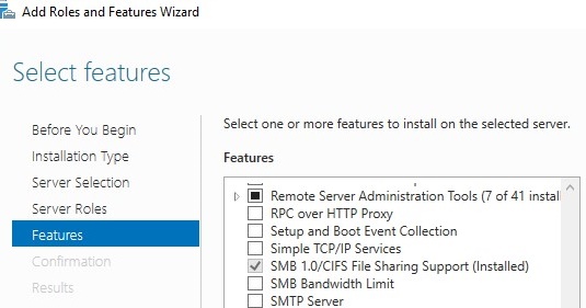 Поддержка SMB 1.0 / CIFS File Sharing на windows server 2016