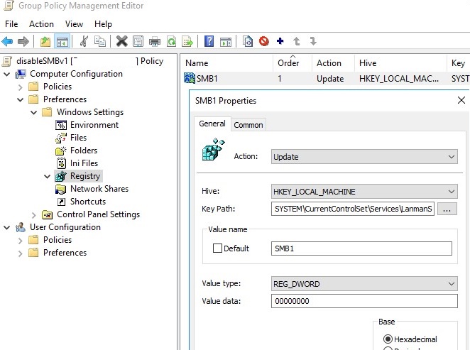 отключение сервера smb1 через gpo