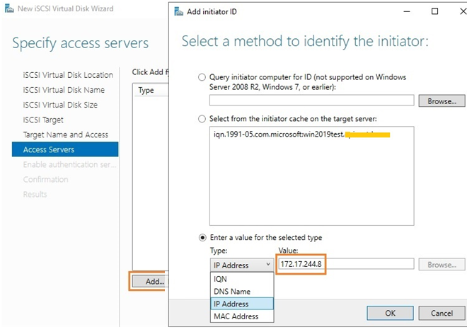 добавить iscsi инициатор по ip-адресу на windows server 