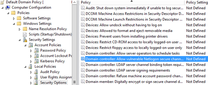 GPO: Контроллер домена: Разрешить уязвимые соединения безопасного канала Netlogon 