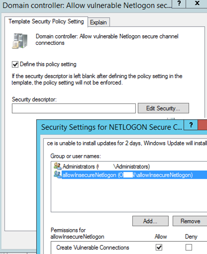 Разрешить создавать уязвимые соединения для netlogon с помощью GPO