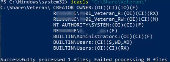 список текущих разрешений папок с помощью icacls.exe