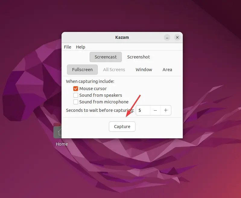 Запуск записи экрана с помощью Kazam на Ubuntu