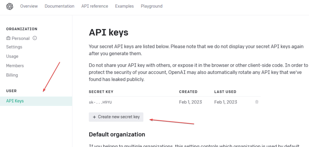 Создание ключа API OpenAI