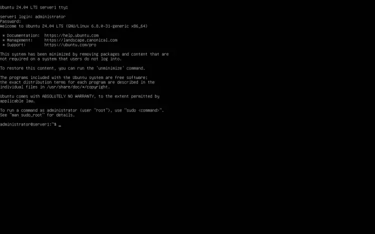 Успешная установка Ubuntu 24.04