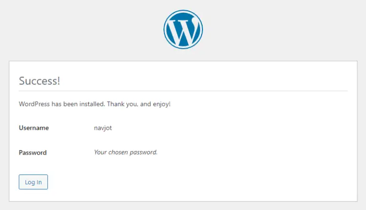 Успешная установка WordPress