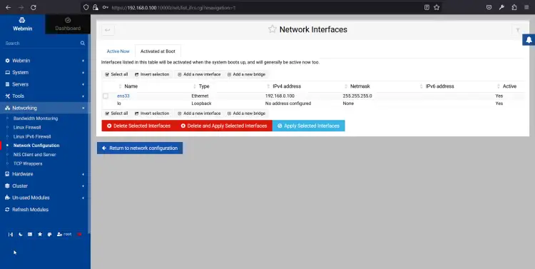 Настройка сети Webmin
