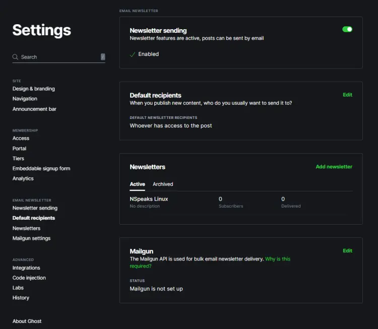 Настройки рассылки Ghost Email
