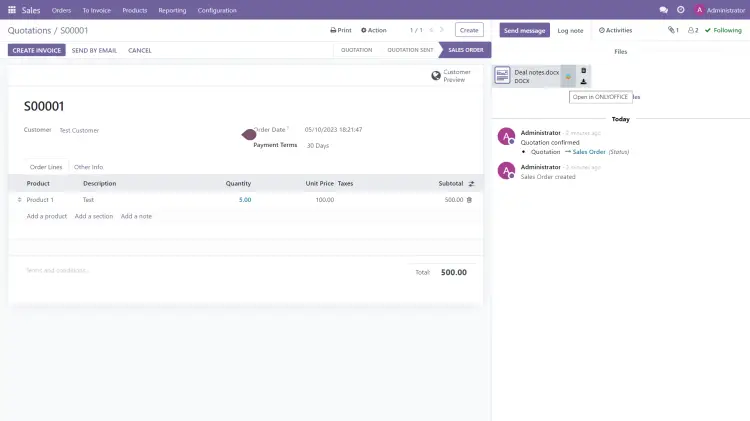 Раздел продаж ONLYOFFICE Odoo
