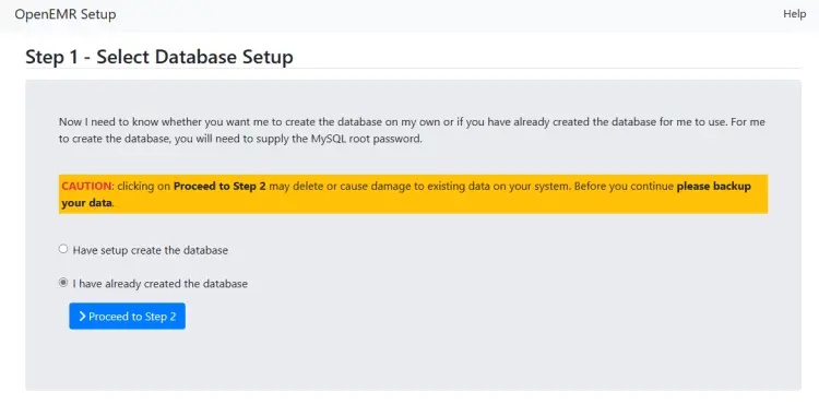 Мастер настройки базы данных OpenEMR