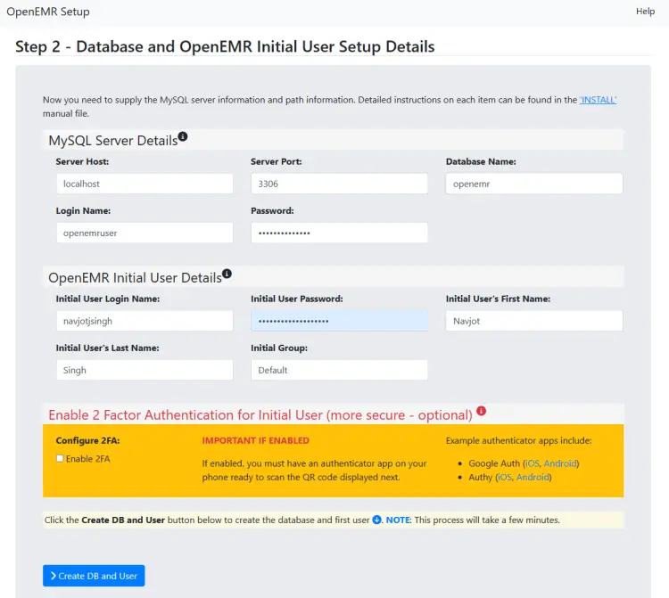 База данных OpenEMR и сведения об учетной записи