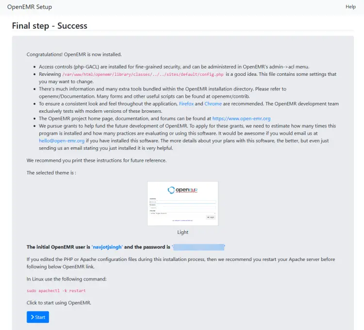 Заключительный шаг установки OpenEMR