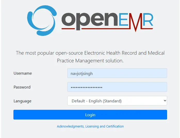 Страница входа в OpenEMR