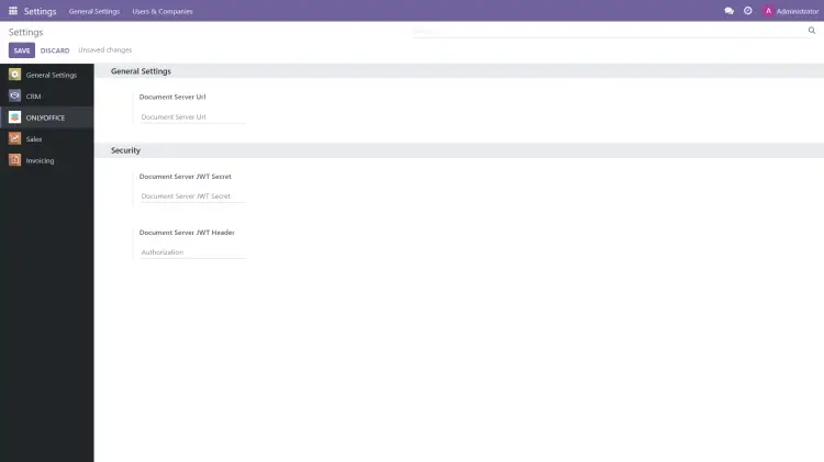 Настройки ONLYOFFICE Odoo