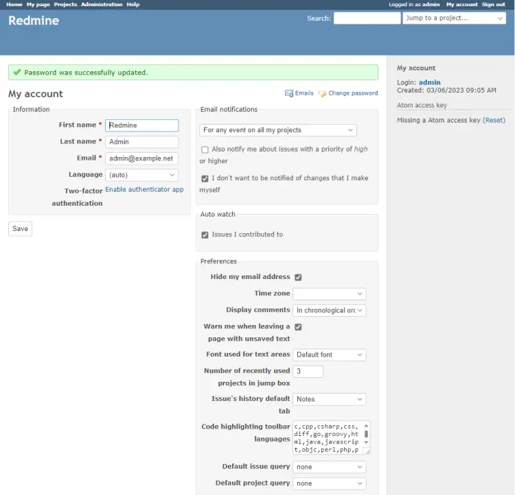 Redmine Мой аккаунт