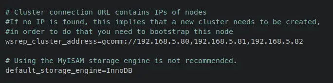 адрес wsrep и движок базы данных по умолчанию