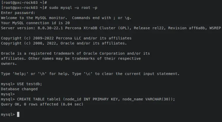 создать таблицу pxc-rock03