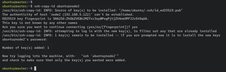 загрузить ключ ssh на node2