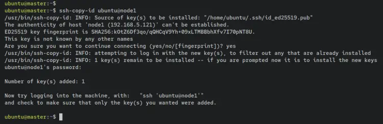 загрузить ключ ssh на node1