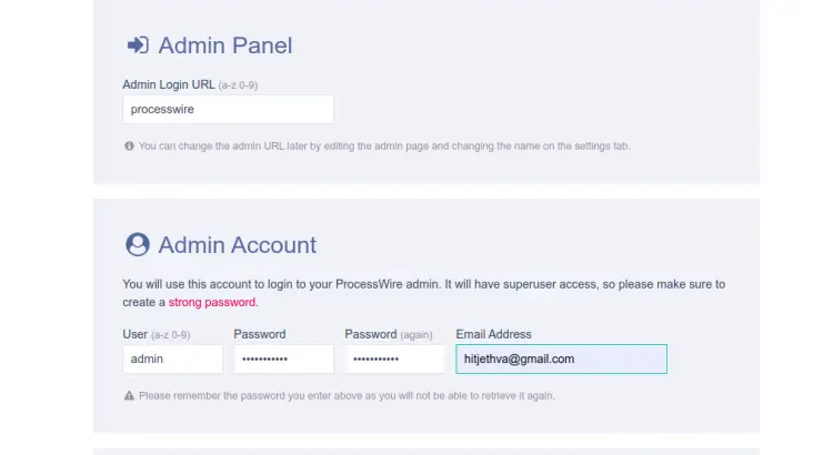 Настройки пользователя Admin