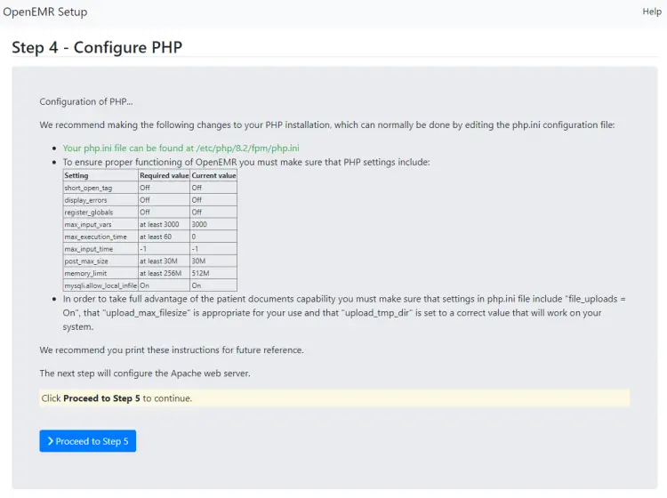 OpenEMR Настройка PHP