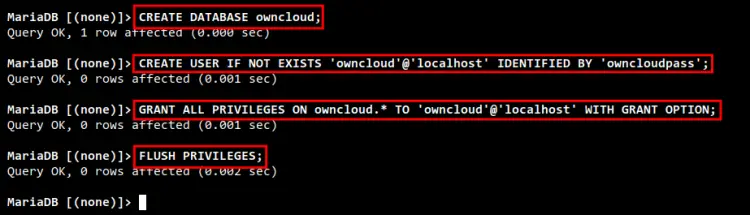 create database and user owncloud