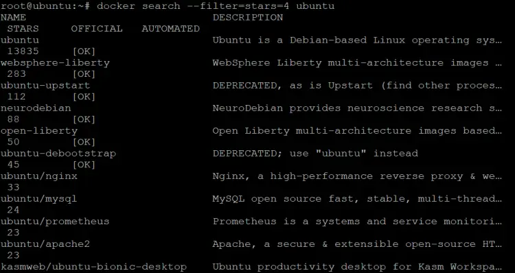 найти образ ubuntu с 4 или более звездами на Docker Hub.