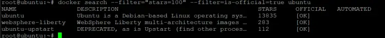 поиск образа ubuntu, имеющего рейтинг не менее 100 звезд на Docker Hub