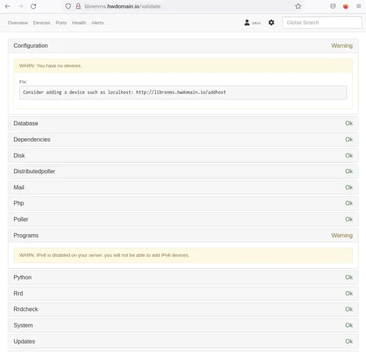 проверить установку librenms