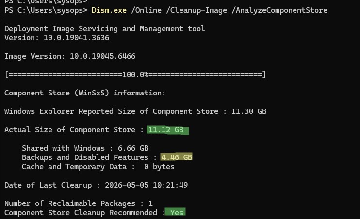 Dism.exe /Online /Cleanup-Image /AnalyzeComponentStore — вывод реального размера папки winsxs