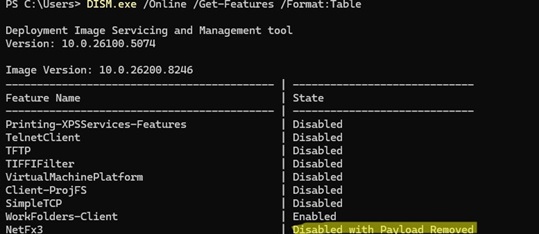dism: отключить функцию Windows с удалением полезной нагрузки