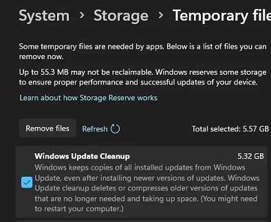 Очистка обновлений Windows в Storage Sense