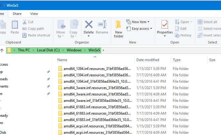 список файлов в папке winsxs в Windows 10